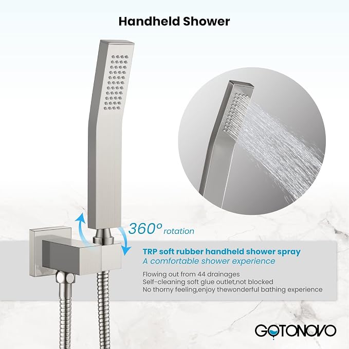 gotonovo Tub Shower Faucet Set with Valve Kit 8’’ Head,Brushed Nickel | Shower System with Tub Spout,SUS304 Rain Head with Handheld Sprayer,Swivel Spout,All Metal,Rough-In Valve Trim Kit,Wall Mount