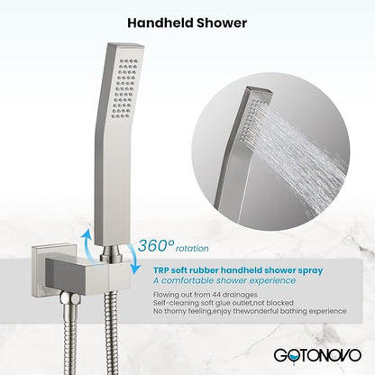 gotonovo Tub Shower Faucet Set with Valve Kit 8’’ Head,Brushed Nickel | Shower System with Tub Spout,SUS304 Rain Head with Handheld Sprayer,Swivel Spout,All Metal,Rough-In Valve Trim Kit,Wall Mount