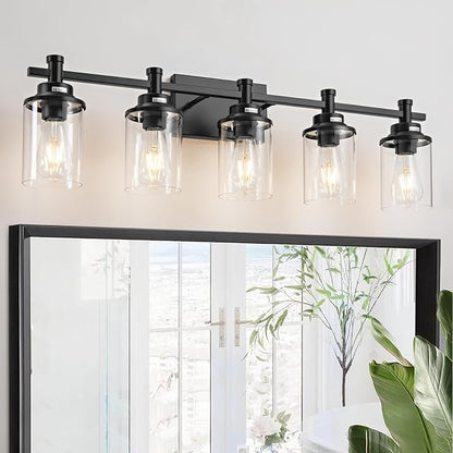 5-Light Black Bathroom Vanity Light, Modern Lighting Fixture With Clear Glass Shade, Wall Sconces Over Mirror