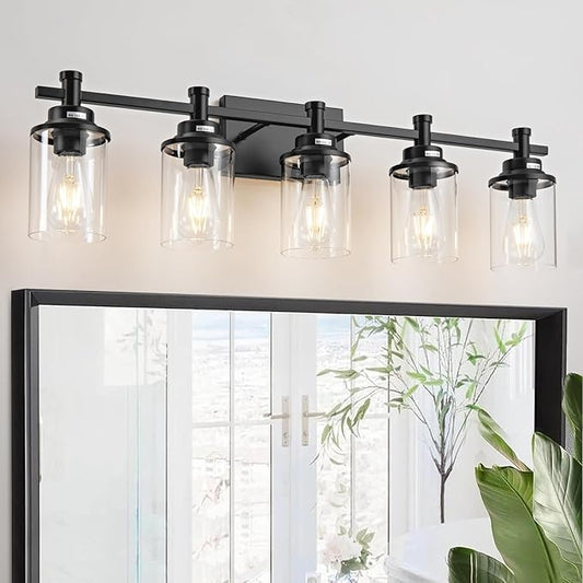5-Light Black Bathroom Vanity Light, Modern Lighting Fixture With Clear Glass Shade, Wall Sconces Over Mirror