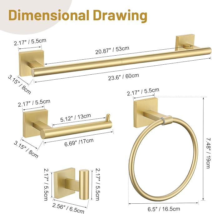 Lairuier 10-Piece Brushed Gold Bathroom Accessories, Towel Bar Set | Bathroom Hardware Set Includes SUS304 23.6" Towel Bar, Towel Ring, Toilet Paper Holder and Towel Hooks Wall Mounted