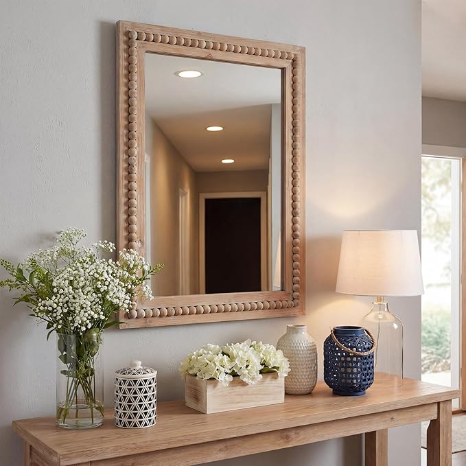 H HOMEWINS Rustic Rectangle Mirror,24x36 Wooden Farmhouse Mirrors,Boho Bathroom Wall-Mounted Nature Beads Decor Mirror for Bedroom, Living Room,Vanity,Entryway,Over Sink