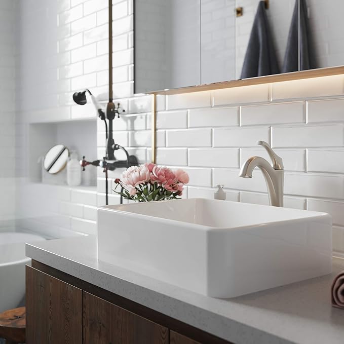 KRAUS Elavo 19-inch Modern Rectangular White Porcelain Ceramic Bathroom Vessel Sink and Spot Free Arlo Faucet Combo Set with Pop-Up Drain, Stainless Brushed Nickel C-KCV-121-1200SFS