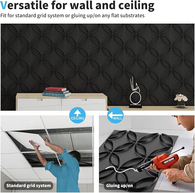 Art3d PVC 3D Wall Panel Interlocked Circles in Matt Black Cover 32 Sq.ft, for Interior Ceiling and Wall Decor for Residential or Commerical | Waterproof, Scratch Resistant, Wall & Ceiling Decor Panels, Ideal for Commercial Spaces