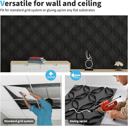 Art3d PVC 3D Wall Panel Interlocked Circles in Matt Black Cover 32 Sq.ft, for Interior Ceiling and Wall Decor for Residential or Commerical | Waterproof, Scratch Resistant, Wall & Ceiling Decor Panels, Ideal for Commercial Spaces