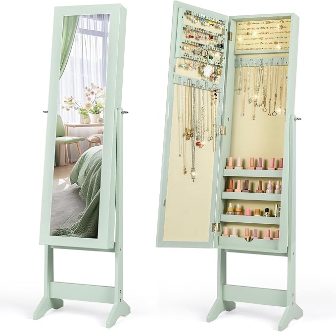 Giantex Jewelry Armoire with Full Length Mirror, Standing Jewelry Cabinet Organizer with 3 Tilting Angles, Bedroom Dressing Mirror with Large Storage for Earrings, Rings, Necklaces, Sage