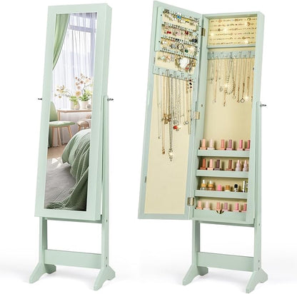 Giantex Jewelry Armoire with Full Length Mirror, Standing Jewelry Cabinet Organizer with 3 Tilting Angles, Bedroom Dressing Mirror with Large Storage for Earrings, Rings, Necklaces, Sage