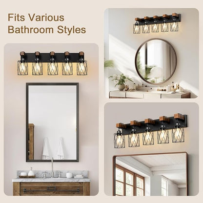 IZORRO Farmhouse Bathroom Vanity Light, 5-Light Wood Bathroom Light Fixtures Over Mirror, Black Industrial Vanity Lights with Metal Shade, Rustic Restroom Lighting Fixtures