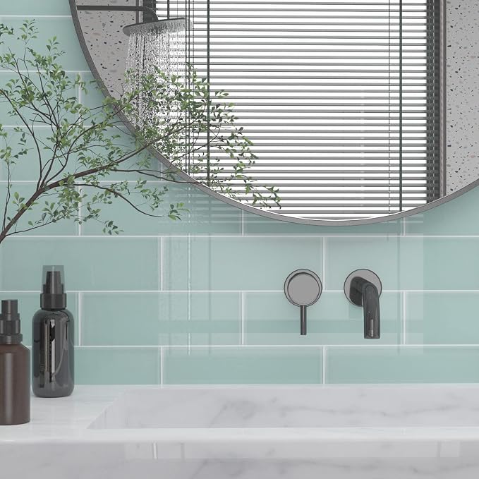 Light Green Glass Subway Tile, Glass for Bathroom Kitchen Shower Backsplash Wall, 4 x 12 Inches, 4 Sq.Ft