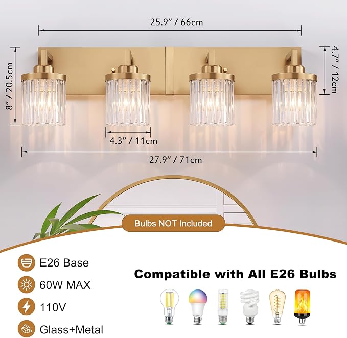 Modern 4-Light Gold Vanity Lights, Crystal Glass Bathroom Fixtures | Brushed Gold Finish, Rust-resistant Metal, Industrial Design, E26 Compatible, Over Mirror Wall Light for Bathroom Restroom
