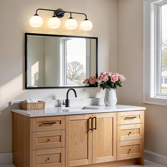 RUIYEY Bathroom Vanity Light Fixtures: 4-Light Matte Black Bathroom Lighting Fixtures Over Mirrors, Farmhouse Rustic Wall Sconce with Milky White Glass for Bath Living Room Cabinet
