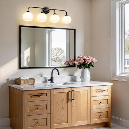RUIYEY Bathroom Vanity Light Fixtures: 4-Light Matte Black Bathroom Lighting Fixtures Over Mirrors, Farmhouse Rustic Wall Sconce with Milky White Glass for Bath Living Room Cabinet