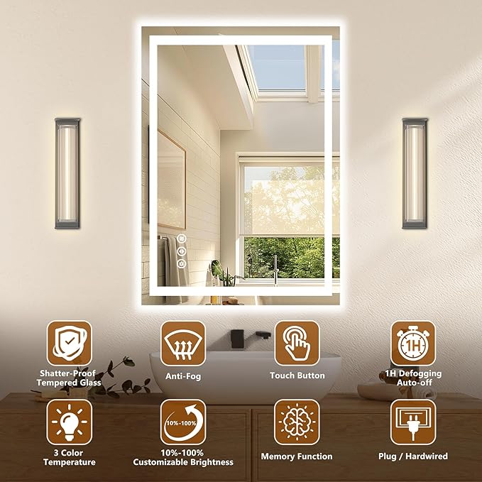 60x40 LED Bathroom Mirror with Lights - Dimmable, Anti-Fog, 3 Color Backlit & Front Lit Mirror for Bathroom, Shatter-Proof Tempered Glass, Easy Installation