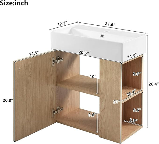 Merax 20 Inch Bathroom Vanity, Floating Sink Vanity Combo, Modern Wall Mount Bathroom Cabinet with Ceramic Integrated Sink for Small Space,Natural