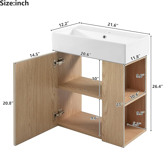 Harper & Bright Designs 21.6" Bathroom Vanity with Sink, Wall-Mounted Single Basin Vanity Set with Cabinet & Two-Tier Right Side Storage Shelf, Storage Cabinet with Ceramic Basin for Bathroom, Wood