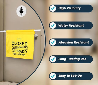 Alpine Restroom Closed for Cleaning Sign - Caution Door Barricade Signs, English & Spanish Yellow Safety Hanging Sign for Commercial Bathrooms Maintenance