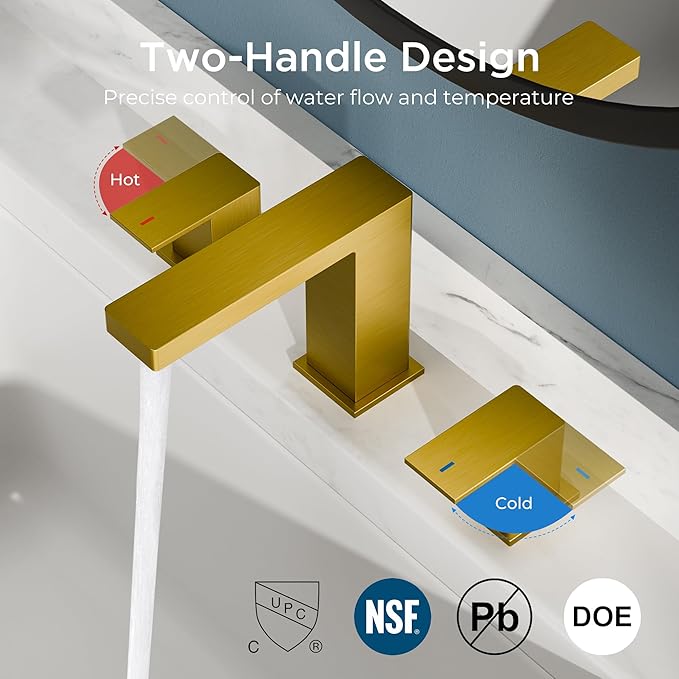 FORIOUS Brushed Gold Bathroom Faucet 3 Hole, 8 Inch Widespread Square Bathroom Sink Faucet with Metal Pop-Up Drain and cUPC Supply Lines Included for Restroom, Lavatory, Basin, Restroom and Mall