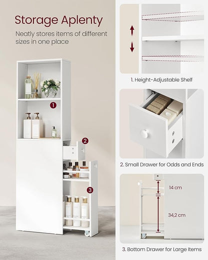 VASAGLE Slim Bathroom Storage Cabinet, Narrow Freestanding Cabinet with Storage Drawers and Adjustable Shelf, for Small Spaces, Modern Style, Cloud White UBBK567T14S