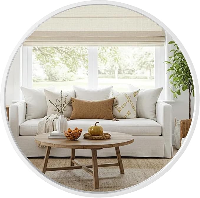 Round Wood Mirror 32 inch Circle Wall Mirror for Bathroom Round Wall Mirror for Wall Decor, Vanity, Entryway Living Room (White)