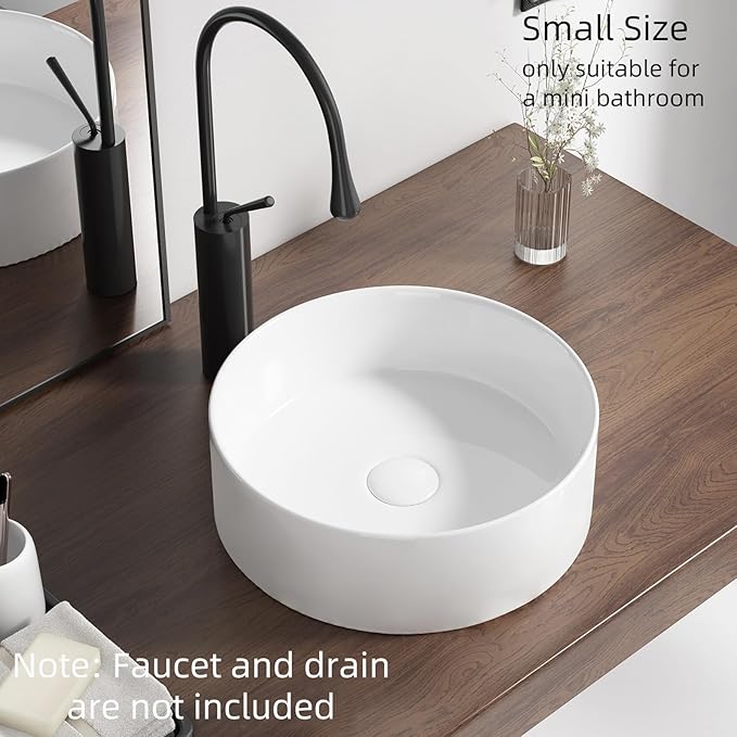 12 Inch Round Bathroom Sink Above Counter, QISHKA Small White Ceramic Vanity Vessel Sink Mini Countertop Bowl Basin for Space-Saving