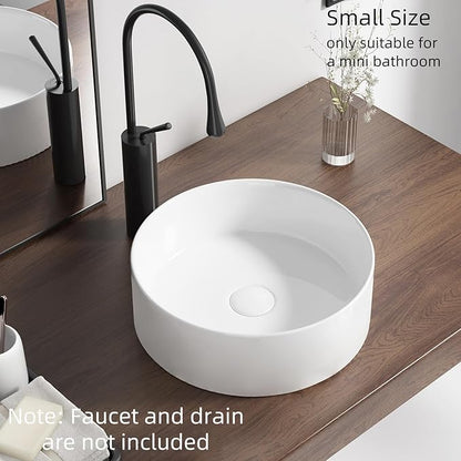 12 Inch Round Bathroom Sink Above Counter, QISHKA Small White Ceramic Vanity Vessel Sink Mini Countertop Bowl Basin for Space-Saving