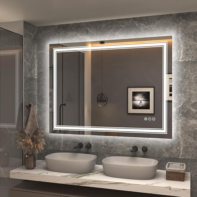 48x36 Led Lighed Bathroom Mirror for Wall, Large Dimmable Vanity Mirror with Lights, Anti-Fog, Shatterproof, Memory， ETL Listed (Backlit and Front Lighted) | Dimmable Vanity Mirror with Lights for Wall, Backlit and Front lit, Anti-Fog, Shatter-Poof, ET...