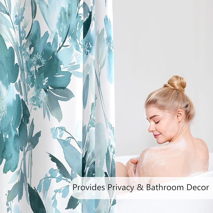 Floor to Ceiling Extra Long Flower Shower Curtain 72x96 Inch, Teal Blue | X-Long Tall 8 Ft Watercolor Floral Modern Abstract Bathroom Fabric Shower Curtain Set with Hooks