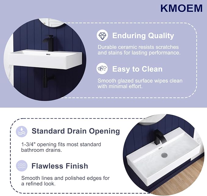 Wall Mount Bathroom Sink 28"x14" Small Vessel Sink Wall Mounted Rectangular Wall Hung Mini White Porcelain Ceramic Floating Tiny Sink with Overflow, Durable, Space-Saving, Ideal for Home,RV