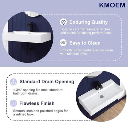 Wall Mount Bathroom Sink 28"x14" Small Vessel Sink Wall Mounted Rectangular Wall Hung Mini White Porcelain Ceramic Floating Tiny Sink with Overflow, Durable, Space-Saving, Ideal for Home,RV
