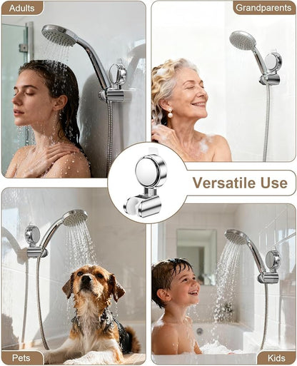 JOTPE Suction Cup Shower Head Holder, Adjustable No Drill Wall Mount Silver | 5-Angle Adjustable Shower Head Holder Fits Most Handheld Shower Heads, Reusable Suction Cup Mounts Without Drilling
