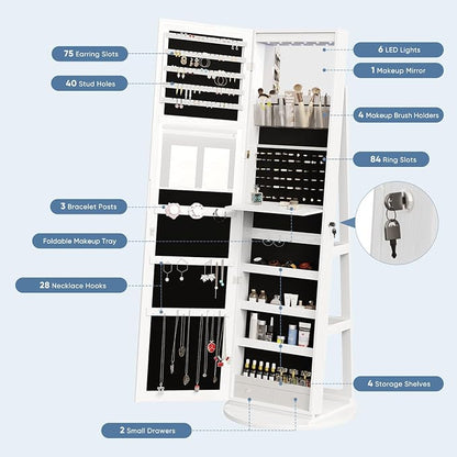 DUMOS 6 LEDs Standing Jewelry Armoire Cabinet, Full Length Mirror, Lockable | 360° Swivel, Jewelry Organizer and Storage, Build-in Mirror, Foldable Makeup Tray, Additional Storage Shelf, White