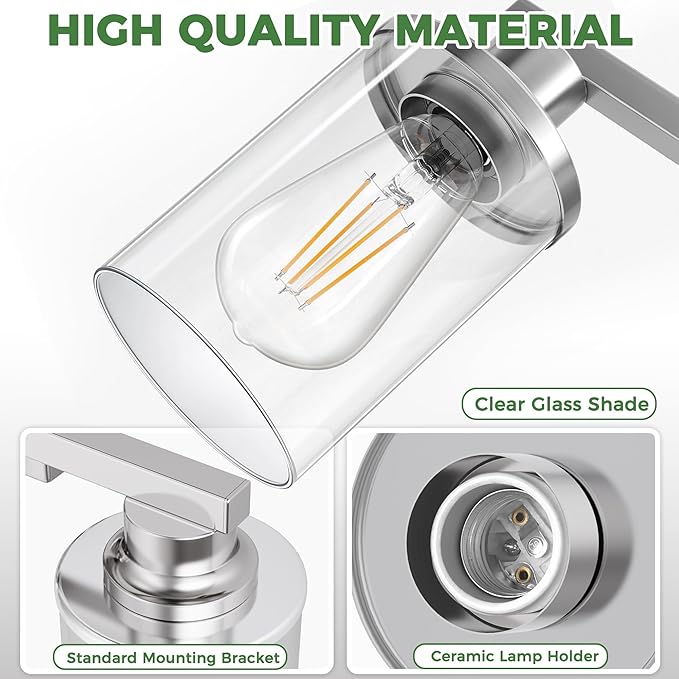 DORESshop Bathroom Light Fixtures, 2-Light Nickel Bathroom Lights Over Mirror with Clear Glass Shade, Vanity Lights for Living Room Bedroom, ETL Listed