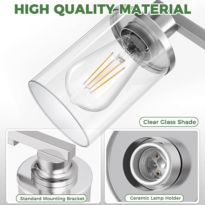 DORESshop 17 Inch 3-Light Chrome Bathroom Vanity Light Over Mirror | Modern Vanity Mirror Light, Brushed Chrome Vanity Light with Clear Glass Shade, Wall Mount Lighting for Bedroom Living Room