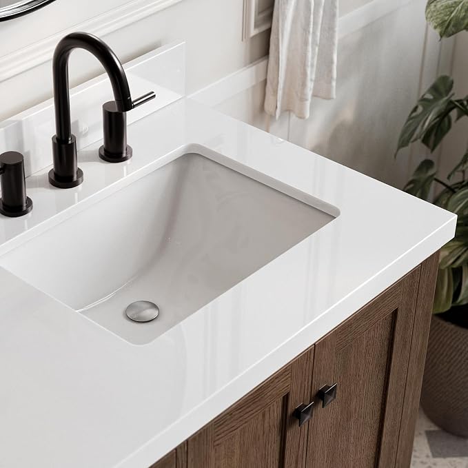 ARIEL Cambridge 36-inch Bathroom Vanity with Sink,Solid Wood, 1.5-inch Pure White Quartz Countertop, Single Rectangular Porcelain Sink, 2 Soft Closing Doors, 5 Dovetail Drawers, Brown Oak