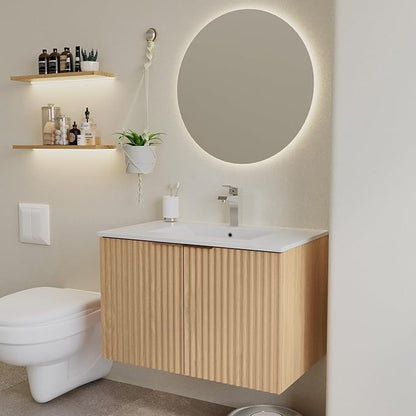 Modern Bathroom Vanity with Sink, Floating Wall Mount Cabinet with Wavy Textured Doors, Waterproof Storage for Small Bathroom, Soft-Close Design, Nature Wood (30")