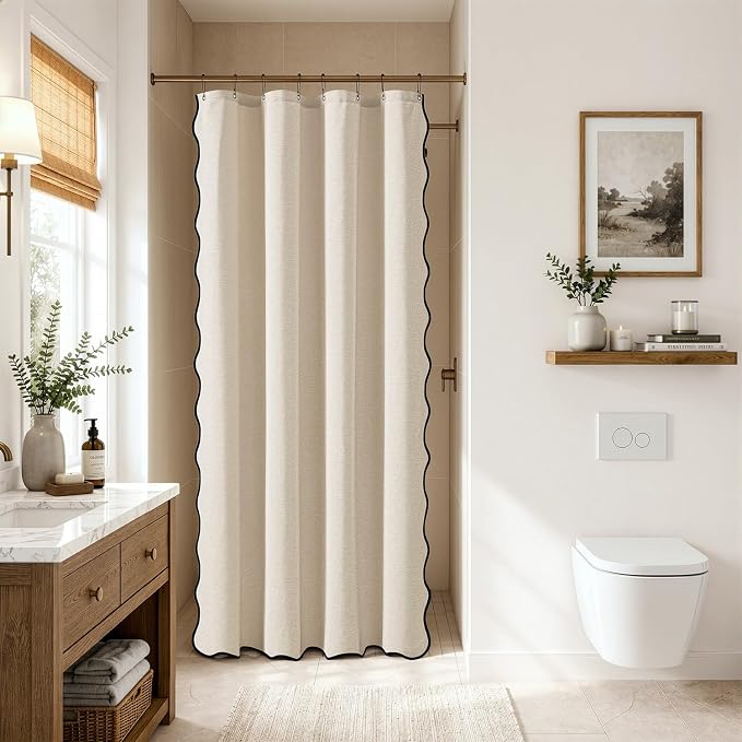 MIULEE Cream Scalloped Linen Shower Curtain 48x72 Inches | Linen Textured, Waterproof, Washable, 8 Metal Hooks, Heavy Duty Cloth, Black Border, Shower Curtain for Bathroom Bathtub