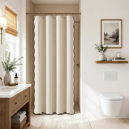 MIULEE Cream Scalloped Linen Shower Curtain 48x72 Inches | Linen Textured, Waterproof, Washable, 8 Metal Hooks, Heavy Duty Cloth, Black Border, Shower Curtain for Bathroom Bathtub