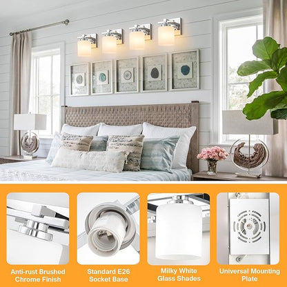 1 Light Modern Bathroom Light Fixtures Over Mirror, Chrome Vanity Lights for Bathroom Wall Sconces with Milky White Glass Shades, E26 Socket (Bulbs Not Included)