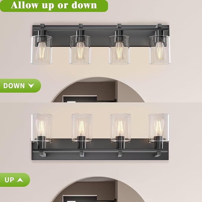 Bathroom Vanity Light,4 Light Matte Black Light Fixture with Thickened Clear Glass Shade, 30 inch Modern Wall Sconce, Bathrooms Vanity Light Over Mirror for Bathroom