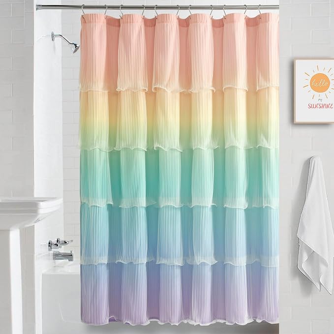 Lush Decor Rainbow Ombre Nerina Ruffled Shower Curtain Single 72" W x 72" L Rainbow -Colorful Shower Curtains for Bathroom - Kids Bathroom Decor