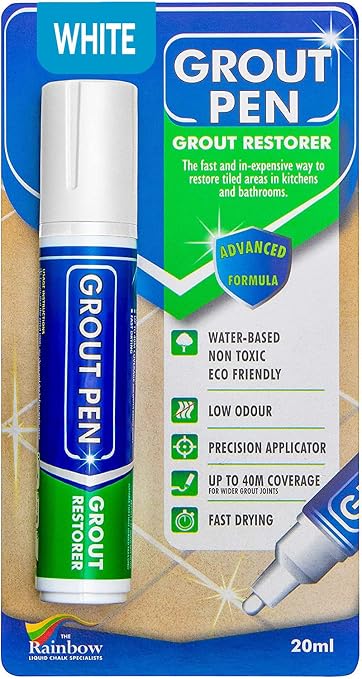 Grout Pen White Tile Grout Paint Marker Restorer - Wide 15mm Tip (20ml) | Waterproof Grout Line Refresher for Kitchen & Bathroom, Colorant and Sealer Pens for Cleaner Looking Grout Lines - White