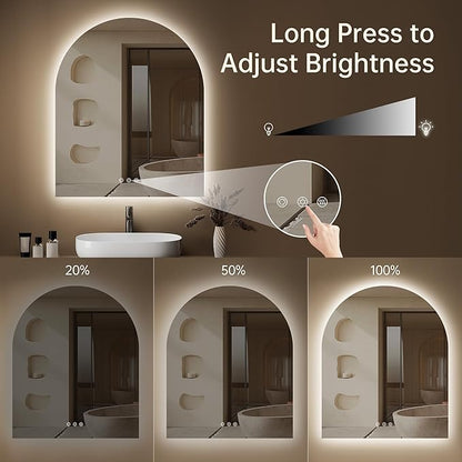 Arched Backlit Mirror Bathroom 30"x36"- Frameless LED Bathroom Mirror with Lights, Fogless, Dimmable, 3 Color Changing, Shatterproof, Touch Sensor