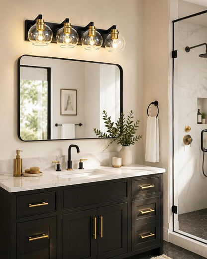 4-Light Black and Gold Bathroom Vanity Light, Clear Glass Globes | 26" modern bathroom light fixtures over mirror, E26 base, bulbs not included, VL195-KG-4