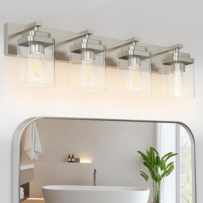 Brushed Nickel Bathroom Light Fixtures, 4 Lights Bathroom Lighting Fixtures Over Mirror, Square Design & Rectangle Large Backplate, Modern Vanity Lighting Fixtures, for Living Room/Bedroom