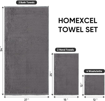 HOMEXCEL 8PK Bath Towel Set, Soft Absorbent, 2 Bath, 2 Hand, 4 Wash, Grey | Light Weight, Quick Drying Towel Set for Bathroom, Gym, Hotel, SPA, Sport, Yoga, Fitness