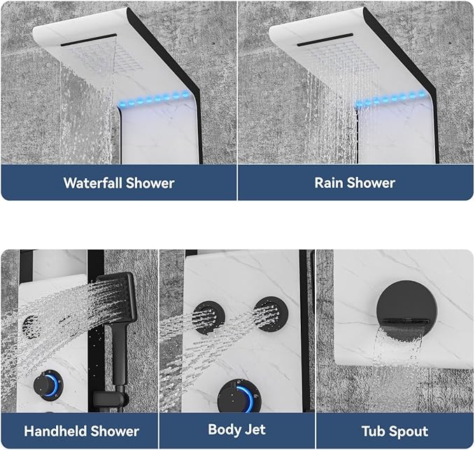 ELLO&ALLO LED Rainfall Shower Head and Rain Massage System with Body Jets Stainless Steel Bathroom Shower Panel Tower System with Shelf, Marble&Black
