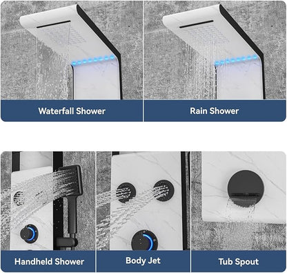 ELLO&ALLO LED Rainfall Shower Head and Rain Massage System with Body Jets Stainless Steel Bathroom Shower Panel Tower System with Shelf, Marble&Black