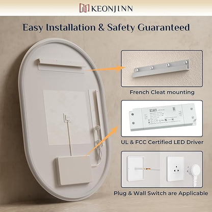 Keonjinn 24 x 40 Inch Oval LED Mirror for Bathroom, Pill-Shaped Backlit Mirror Bathroom for Wall, HD Tempered Glass, Safe Defogging, UL-Listed, 3000K/4500K/6500K, (Horizontal/Vertical)