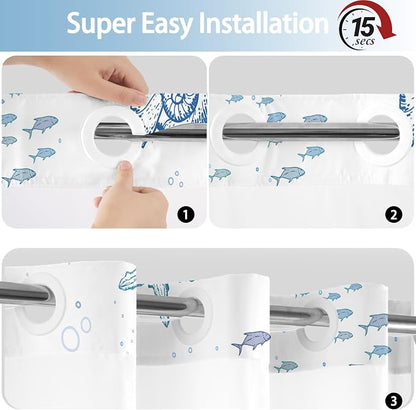 No Hook Shower Curtain and Liner Set for Bathroom, Blue Beach Coastal 71x74 | Nautical Ocean Design, with Snap in Liner Replacement, Mesh Top Window, Waterproof, Machine Washable, Quick-Drying