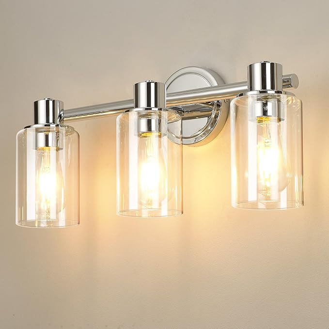 3 Light Bathroom Wall Light Fixtures Chrome Bathroom Wall Sconce with Clear Glass Lights Over Mirror Vanity Lights E26 Base